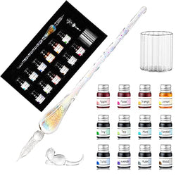 ESSSHOP Handmade Glass Dip Pen Set, Calligraphy Fountain Pen Kit- 12 Colors Ink, Glass Washing Cup, Pen Holder, Crystal Rainbow Glass Ink Pen for Art, Writing,Drawing, Signatures, Mother's Day Gifts