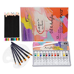 Falling in Art 33 Piece Painting Set of 12 Acrylic Colors with Paper Pad, Brushes, Palette and More