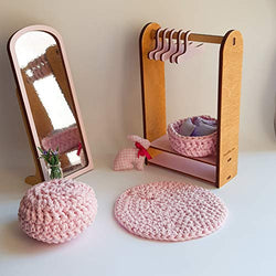 Wooden wardrobe for doll – scale 1:6 doll clothes rack, mirror for doll house