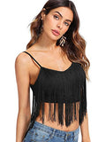 Romwe Women's Tassel Trim Spaghetti Strap V Neck Camis Crop Top Vest Black S