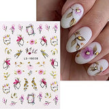 9 Sheets Flower Nail Art Stickers Decals Spring Butterfly 3D Self-Adhesive Nail Decals Gold Foil Line Designs Nail Decorations Hollow Out Leaf Nail Supplies DIY Nail Accessories for Women Girls