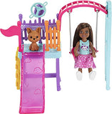 Barbie Chelsea Swing Set Playset with Chelsea Doll (6 in Brunette) Wearing Star-Print Skirt, Pet Puppy, Swing & Slide, Gift for 3 to 7 Year Olds