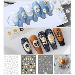 5D Nail Sticker Flower Nail Art Sticker Embossed Floral Feverfew Tulip Gold Rose Self-Adhesive Decal for Nature or Acrylic Nail Tips Design False Nail Supplies for Women Manicure Decoration