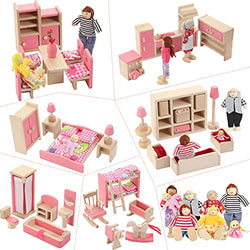 Wooden Dollhouse Furniture Doll House Furnishings with 8 Pieces Winning Doll Family Set, Dollhouse Accessories for Miniature Dollhouse, Family Figures Imaginative Play Toy (Lovely Style)