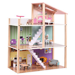 Wooden Dollhouse Dreamhouse with Light, 17pcs Furnitures, Movable Stairs, Pretend Play Toys for Girls & Toddlers, Gift for Ages 3+