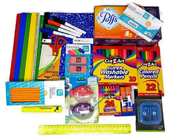 Back to School Supplies Bundle with Tissue, Markers, Pencils, Sharpeners, Crayons, Erasers, Glue Sticks, Earbuds, Paper Folders, Ruler, Ruled Index Cards, Scissors and Notebooks (20 Items)