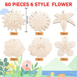60 Pieces Unfinished Flower Wooden Cutouts, 6 Styles Wood Slices Flower Unfinished Wood Cutouts Blank Flower Shape Wooden Paint Crafts for Kids Painting, DIY Crafts Home Decoration Craft Project
