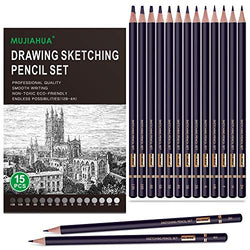 MUJINHUA Professional Drawing Sketch Pencils Set, 15 Pieces Drawing Graphite Pencils(12B, 10B, 8B, 6B, 5B, 4B, 3B, 2B, B, HB, F, H, 2H, 3H, 4H)for Drawing, Sketching, Shading, for Beginners & Artists