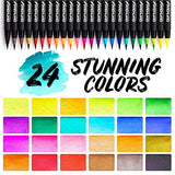 Crafty Croc Watercolor Paint Brush Pens - Set of 24 Vibrant Water Color Brush Markers with Real Nylon Tips for Watercolor Painting and Hand Lettering- Includes Travel Case and 2 Water Blending Brushes
