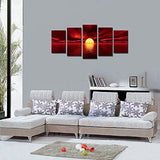 Wieco Art Red Sun Large Modern 5 Panels Seascape Sea Giclee Paintings Canvas Prints Wall Art Gallery Wrapped Pretty Ocean Sunset Pictures Artwork for Kitchen Bathroom Home Office Decoration Wall Decor