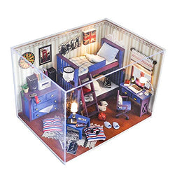 Miniature Dollhouse Kit with Wooden Furniture DIY Doll House LED Light and Dust Cover Mini Blue Creative Bedroom Hands Craft Best Birthday Gifts for Boys and Girls