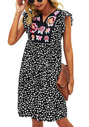 KIRUNDO Women’s 2021 Summer Leopard Mini Dress V Neck Bohemia Swing Dress Sleeveless Flowy Loose Badydoll Dress (Small, Black)