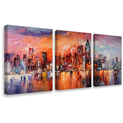 New York City Canvas Wall Art Modern Abstract Cityscape pink painting Stretched and Framed for Bedroom Home Office Living Room Decor, 12"x16" 3 Panel , Original Design
