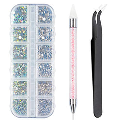 Crystals AB Nail Art Rhinestones Decorations Nail Stones for Nail Art Supplies and Clear Crystal Rhinestones with Pick Up Tweezer and Rhinestone Picker Dotting Pen