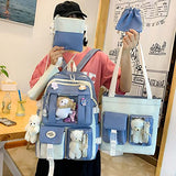 Kawaii Backpack 5Pcs Set Aesthetic School Bags 17in Cute Bookbag with Badge&Pendant,Shoulder Bag,Pencil Box,Tote Bag,Small Bag Blue