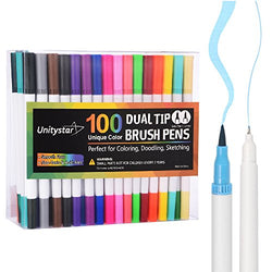 UnityStar Dual Tip Markers 100 Colors, Watercolor Dual Brush Pens with 0.4 Fineliner Tip and