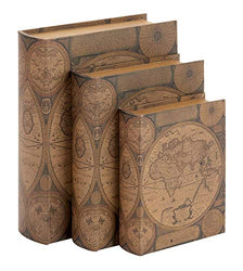 Bellaa 28052 Book Box Set of 3 Old World Map Flux Leather Brown Globe