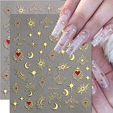 6 Sheets Sun Star Nail Art Stickers Bronzing Moon Nail Decals 3D Self-Adhesive Heart Nail Stickers Rose Gold Sliver Starlight Moon Star Nail Designs Sticker for Women DIY Acrylic Nail Art Supplies