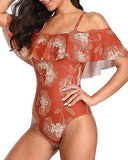 Tempt Me Women's Orange Floral Ruffle One Piece Swimsuits Off Shoulder Flounce Slimming Bathing Suits L