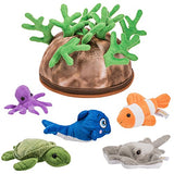 Prextex 5 Piece Set of Plush Soft Stuffed Sea Animals Playset with Plush Coral Reef House for Storage Includes Stuffed Octopus, Turtle, Stingray, Nemo Fish, and Blue Whale