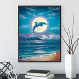 5D DIY Full Drill Dolphin Moon Ocean Scenery Diamond Painting Kits,Rhinestone Painting Kits for Adults and Beginner,for Living Room Bedroom Decor and Kids Girls Women Gifts(12"X16") (Blue)