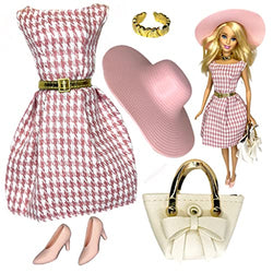 Eledoll Clothes Fashion Pack Springtime in Paris for 11.5 inch - 12 inch Fashion Doll Coral Pink Houndstooth 1 Dress Hat Gold Belt Purse Set #1