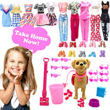 45 Pcs Doll Clothes and Accessories, 1X Dog Pet with Cleaning Toys, 10X Cloth Dresses for Doll Fashion Outfits, Doggy Playset, for 11.5 inch Dolls
