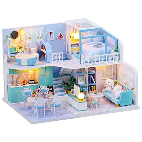 Dollhouse Miniature with Furniture, DIY Wooden Doll House Kit Duplex Apartment Style Plus Dust Cover and Music Movement, 1:24 Scale Creative Room Idea Best Gift for Children Friend Lover (K057)