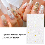 Flower Nail Art Sticker Decals, 5D Hollow Exquisite Pattern Nail Art Supplies Self-Adhesive Nail Art Decoration White Butterfly Lace Flowers Leaf Carving Design DIY Acrylic Nail Art for Women Girls 3 Sheets