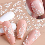 Flower Nail Art Stickers Decals, 8 Sheets 5D Engraved Flower Nail Decals White Wedding Nail Art Accessories French Tips Nail Designs Self Adhesive Lace Flower Carving Nail Stickers for Women Girls