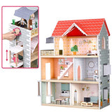 Giant Bean Wooden Doll House, 2.6-ft Tall DIY Miniature Dollhouse Kit with Elevator, Doorbell & Light, 15 Pieces Furniture, Large Toy Gift for Kids Girls Ages 3+