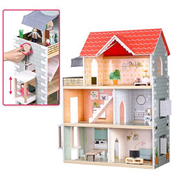 Giant Bean Wooden Doll House, 2.6-ft Tall DIY Miniature Dollhouse Kit with Elevator, Doorbell & Light, 15 Pieces Furniture, Large Toy Gift for Kids Girls Ages 3+