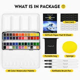 Magicfly Watercolor Paint Set, 48 Colors (Including Metallic Colors) with 3 Brush Pens, 10 Sheets Paper Pad, Half Pan Palette & Sponge, Professional Painting Set in Portable Tin Box for Adults & Kids