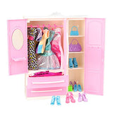 Miunana Lot 36pcs Fashion Doll Closet Wardrobe Doll Clothes and Accessories Set with 1 Pink Wardrobe + 5 Fixed Skirts + 10 Radom Shoes + 10 Hangers + 10 Radom Bags for 11.5 inch Girl Doll