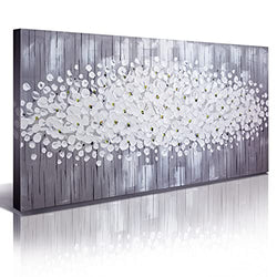 Gray White Flowers Paintings for Living Room 3D Print Oil Painting Abstract Canvas Wall Art 24x48 Inch 1 Pcs Large Framed Bathroom Home Decor Birch Forest Painted Modern Bedroom Artwork Decorations