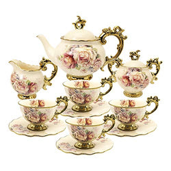 fanquare 15 Pieces British Porcelain Tea Sets,Flower Vintage China Coffee Set,Wedding Tea Service for Adult
