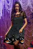 Halloween Women Vintage Lace Sleeve Midi Dress Swing Pumpkin Bat Party Costume Black XXL