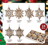 HOUÍSM 24PCS Christmas Wooden Cutouts Snowflakes Embellishments, Christmas Tree Rustic Hanging Ornaments Unifinished Wood Cutouts, Unique Crystal Snowflake Pendants - 3inch