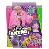 Barbie Extra Doll #3 in Pink Fluffy Coat with Pet Unicorn-Pig, Extra-Long Crimped Hair, Including Candy Bar Clutch & Gummy Bear Ring, Multiple Flexible Joints, Gift for Kids 3 Years Old & Up