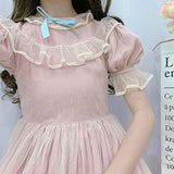 Summer Japanese Lolita Lace Dress Teen Girls Soft Cute Ruffles A-Line Princess Party Dresses (L) Pink