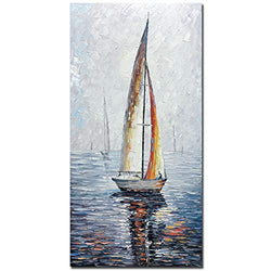 V-inspire Art,24X48 Inch Modern Hand Painted Oil Paintings Sailing Boat On The Sea Acrylic Canvas Hanging Painting Living Room Bedroom Wall Art Home Decoration