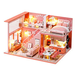 F Fityle Miniature Villa Dollhouse DIY House Model w/ Miniature Chair Table Sofa Lights Decor Crafts Arts Xmas Gifts Kids Toys - Without Display Cover
