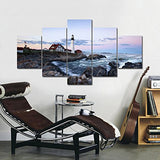 Wieco Art Large Canvas Prints Wall Art Portland Lighthouse Landscape Pictures to Photo Paintings for Kitchen Bathroom Home Decoration Wall Decor 5 Panels Modern Gallery Wrapped Seascape Giclee Artwork