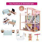 Wooden Dollhouse Dreamhouse with Light, 17pcs Furnitures, Movable Stairs, Pretend Play Toys for Girls & Toddlers, Gift for Ages 3+