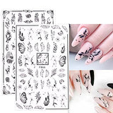 JMEOWIO 12 Sheets Spring Black White Flower Nail Art Stickers Decals Self-Adhesive Pegatinas Uñas Summer Floral Leaf Butterfly Nail Supplies Nail Art Design Decoration Accessories