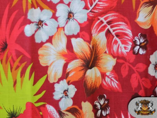 1 X Polycotton Printed HAWAIIAN RED Fabric By the Yard