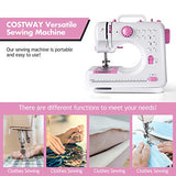 COSTWAY Electric Multifunctional Sewing Machine, 12 Stitches Automatic Threading Portable Sewing Machine with Light Free Arm Battery, DC Adapter, Adjustable Sewing Speed (Pink+White)