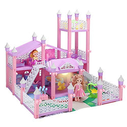 KAINSY Dollhouse, Dream House Kit with Led Luminous DIY Pretend Play Doll House Building Toys Playset Accessories with Furniture/Dolls/Pets/Slide for Toddlers Girls Best Gifts (8 Rooms & 1 Light)