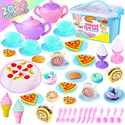 GraceDuck Tea Set for Little Girls - Pretend Play Kitchen Accessories Princess Party Tea Pot Plastic Food Cake Plate Cups Stuff Gifts Childs Baby Toddler Toys for Girl Boy Ages 3 4 5 6 7 8 9 Year Old
