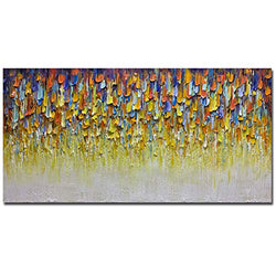 AMEI Art Paintings,24x48Inch 100% Hand Painted Abstract Textured Oil Paintings Yellow White Modern Colorful Artwork Palette Knife Wall Art Wood Inside Framed Ready to Hang for Dining Room Office